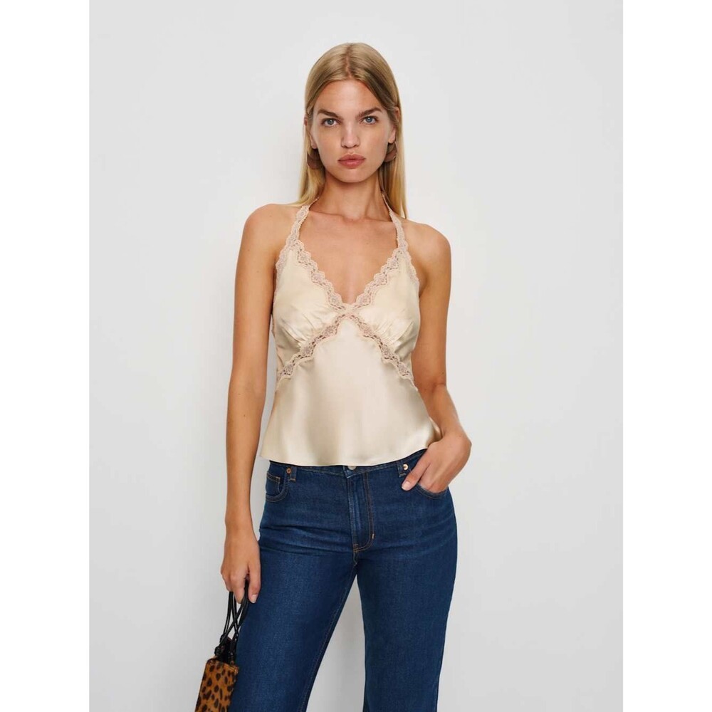 Reformation Almond Cream Monica Silk Top, Satin Lace-Trim Camisole